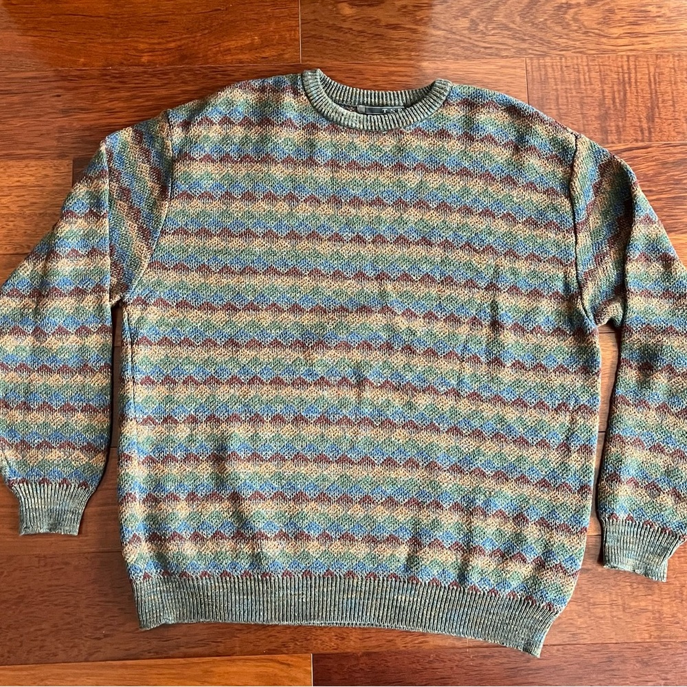 Vtg 90s TSR Sweater Mens XL Multicolor Chevron Pattern Rainbow Crewneck Grandpa